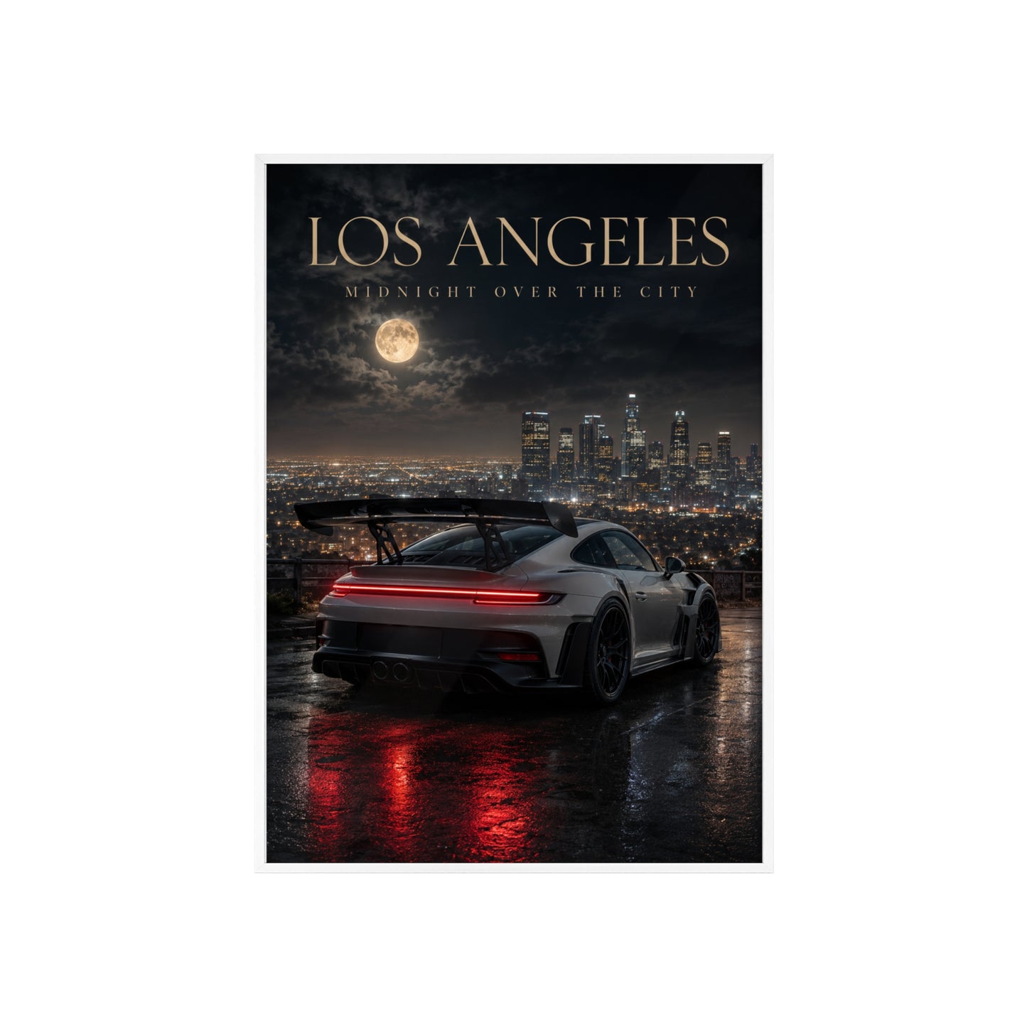 Los Angeles Midnight Over the City Poster Framed — Night Sports Car Cityscape Wall Art
