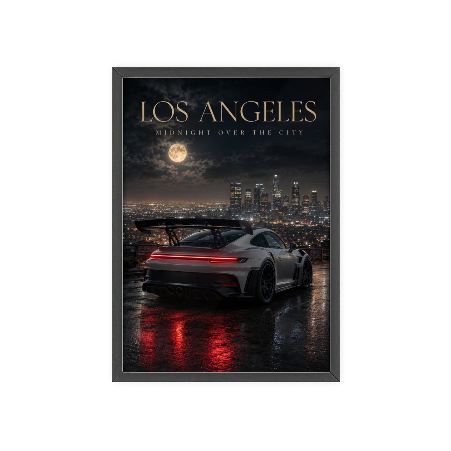 Los Angeles Midnight Over the City Poster Framed — Night Sports Car Cityscape Wall Art