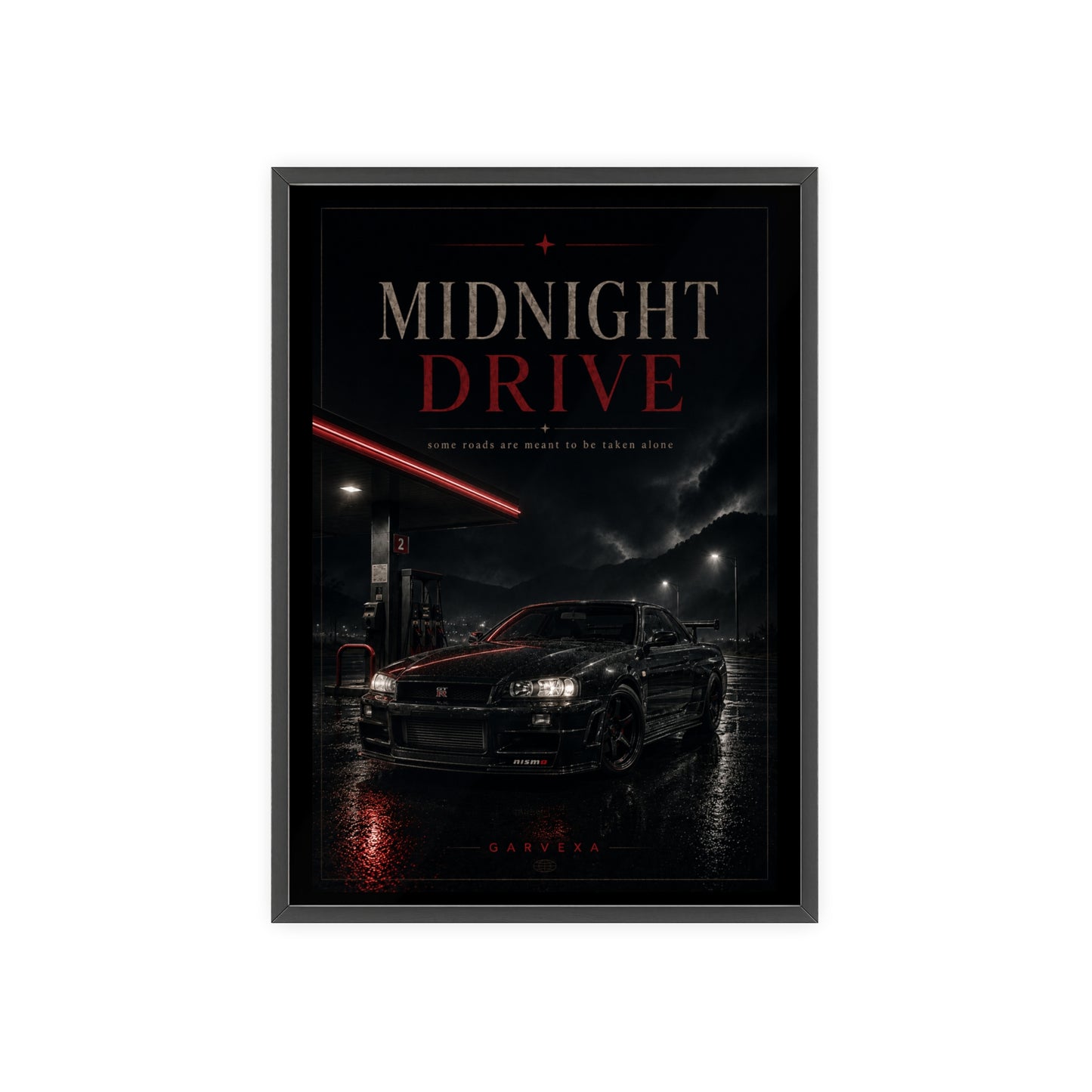 Midnight Drive Framed Poster — Moody Car Wall Art (Pinewood Frame)