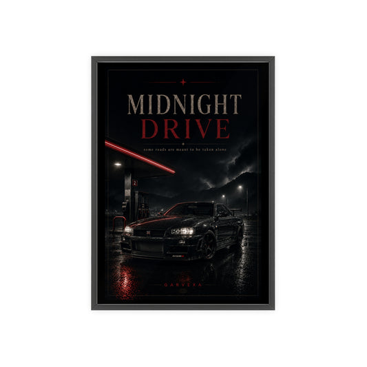 Midnight Drive Framed Poster — Moody Car Wall Art (Pinewood Frame)