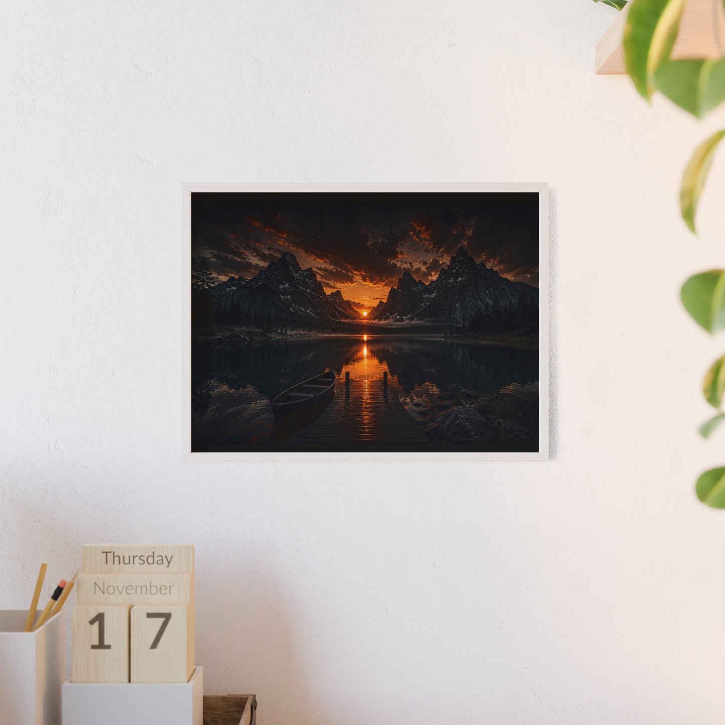 Framed Sunset Lake Poster — Mountain Reflection Wall Art