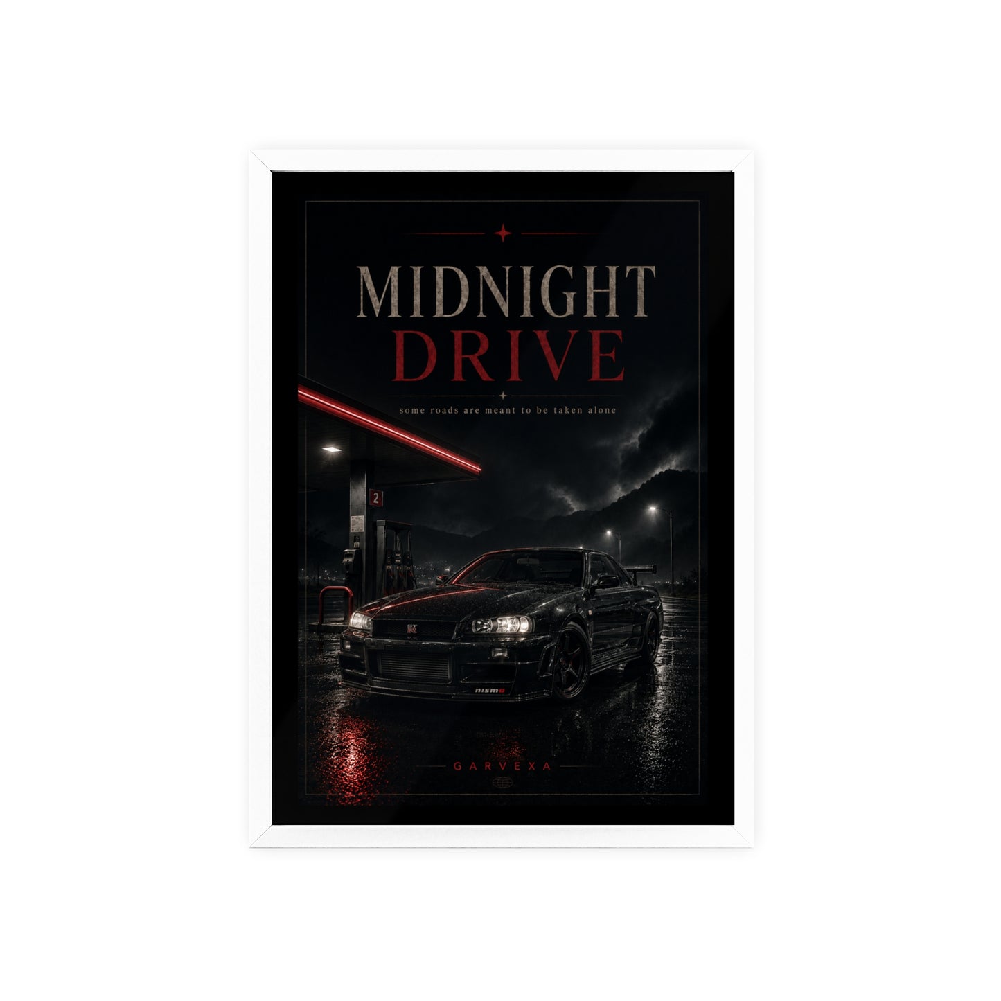 Midnight Drive Framed Poster — Moody Car Wall Art (Pinewood Frame)