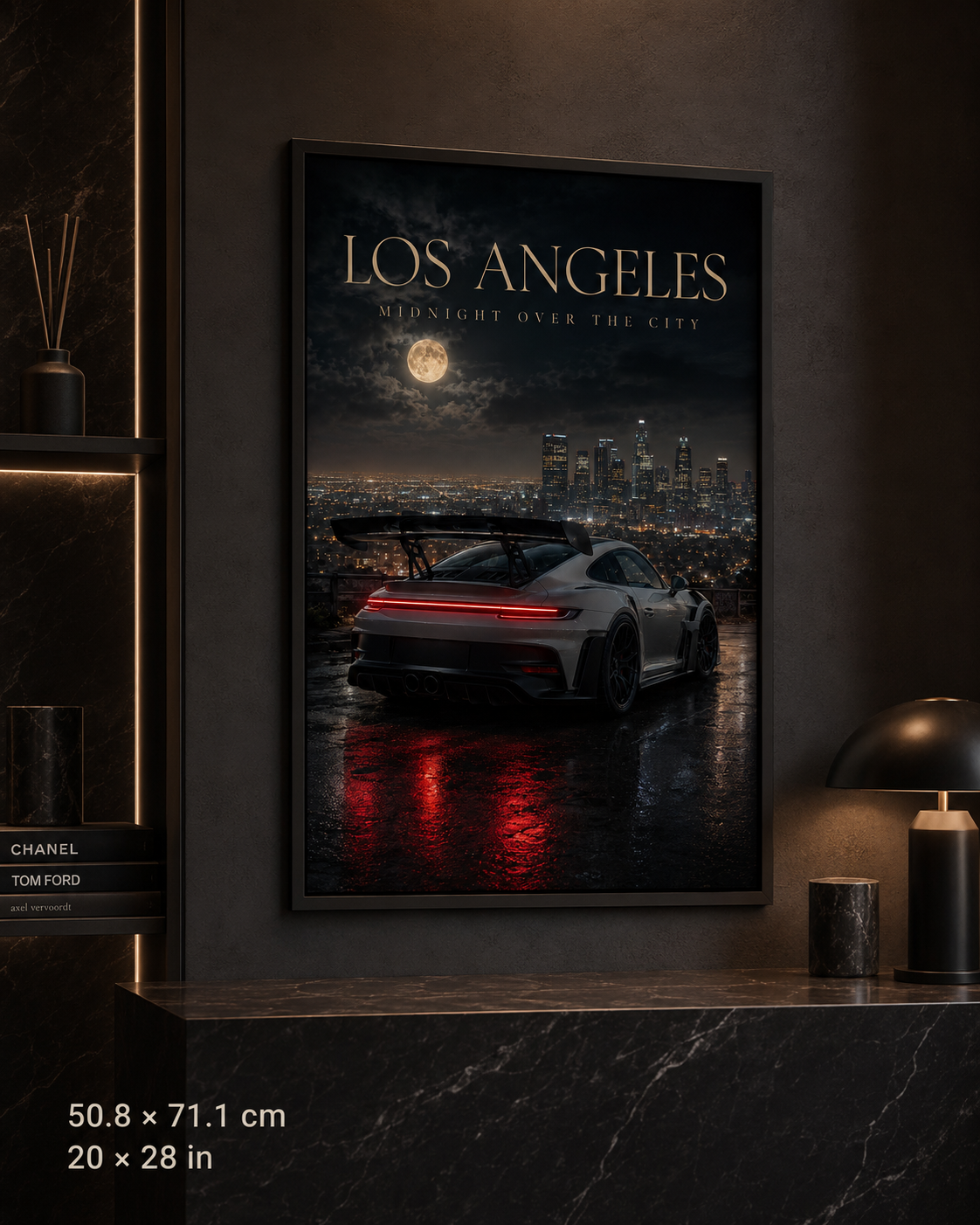 Los Angeles Midnight Over the City Poster Framed — Night Sports Car Cityscape Wall Art
