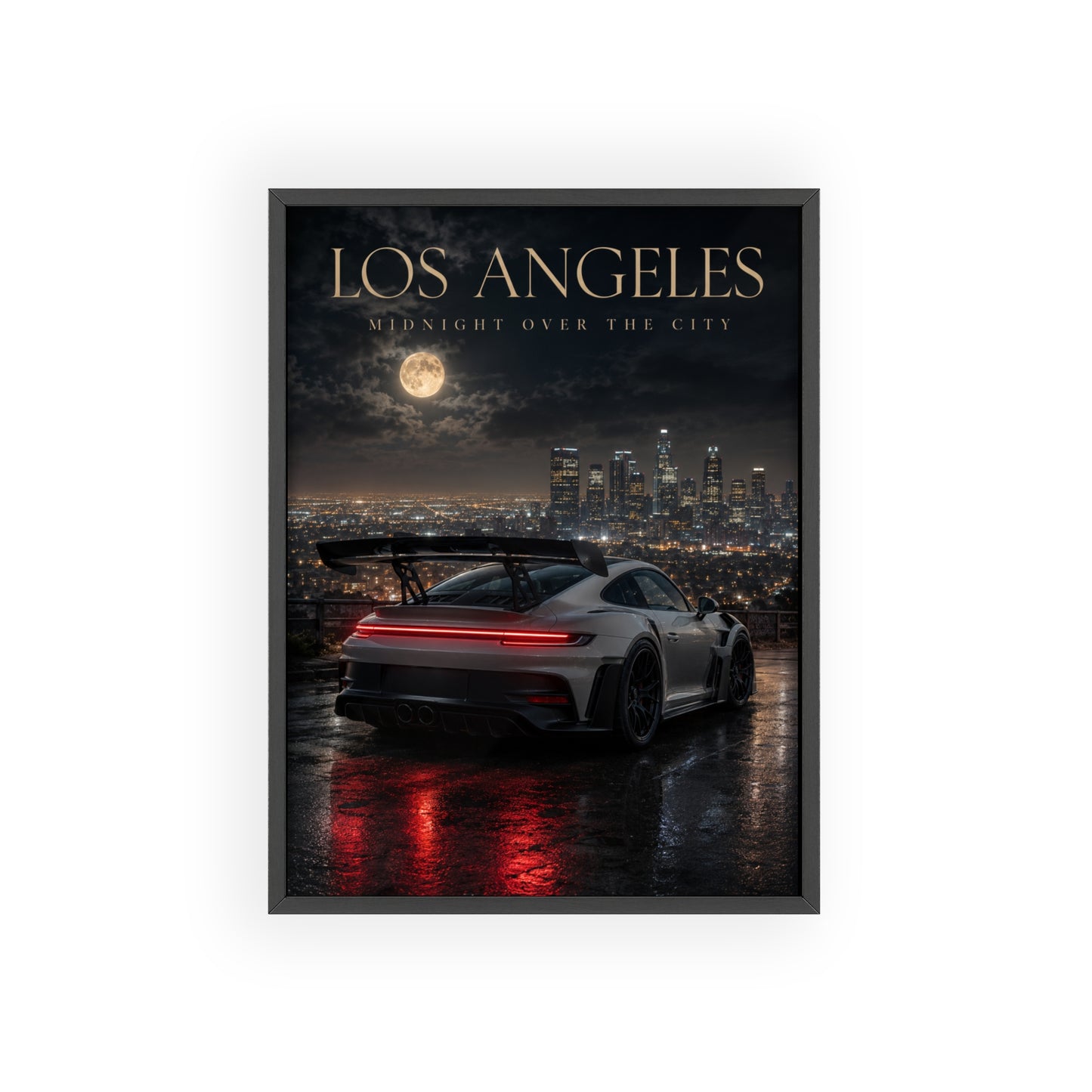 Los Angeles Midnight Over the City Poster Framed — Night Sports Car Cityscape Wall Art