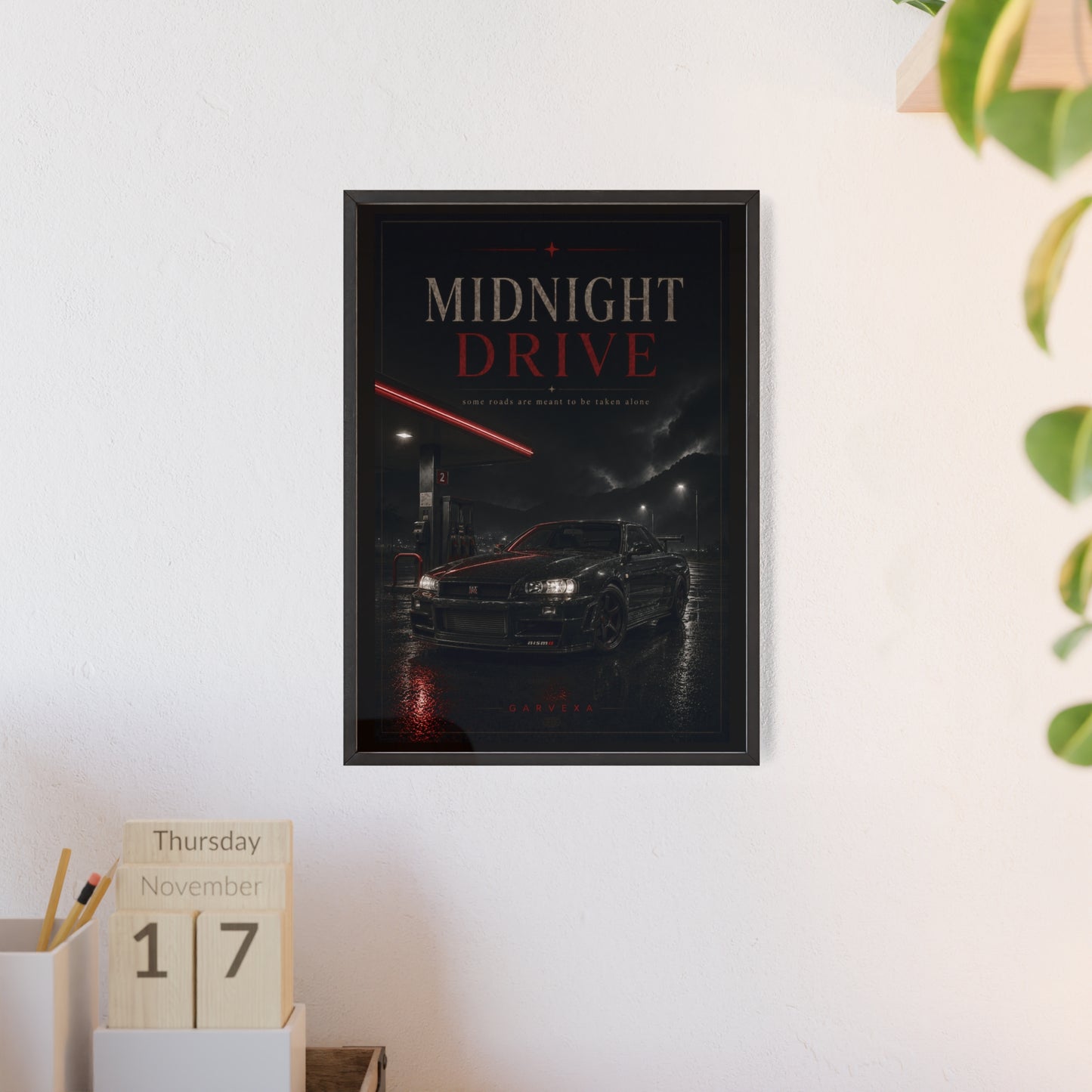 Midnight Drive Framed Poster — Moody Car Wall Art (Pinewood Frame)
