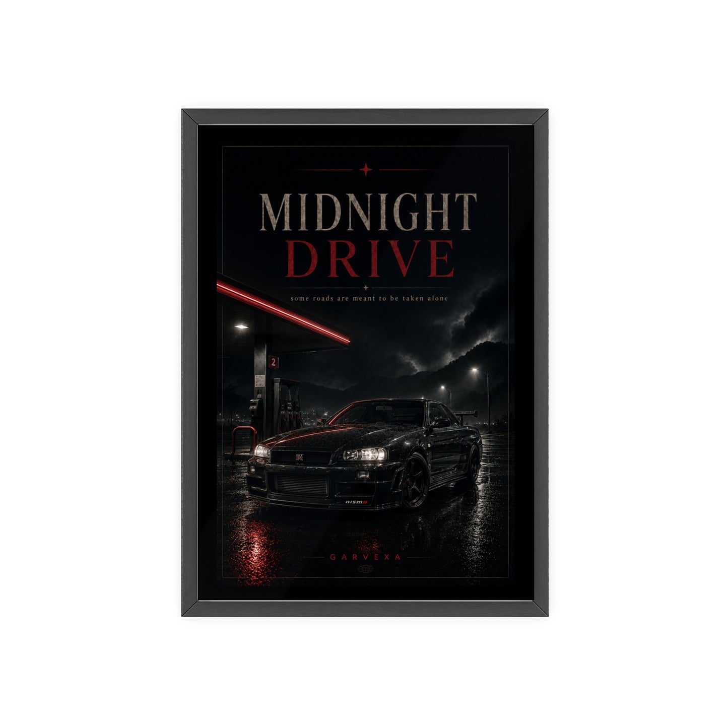 Midnight Drive Framed Poster — Moody Car Wall Art (Pinewood Frame)