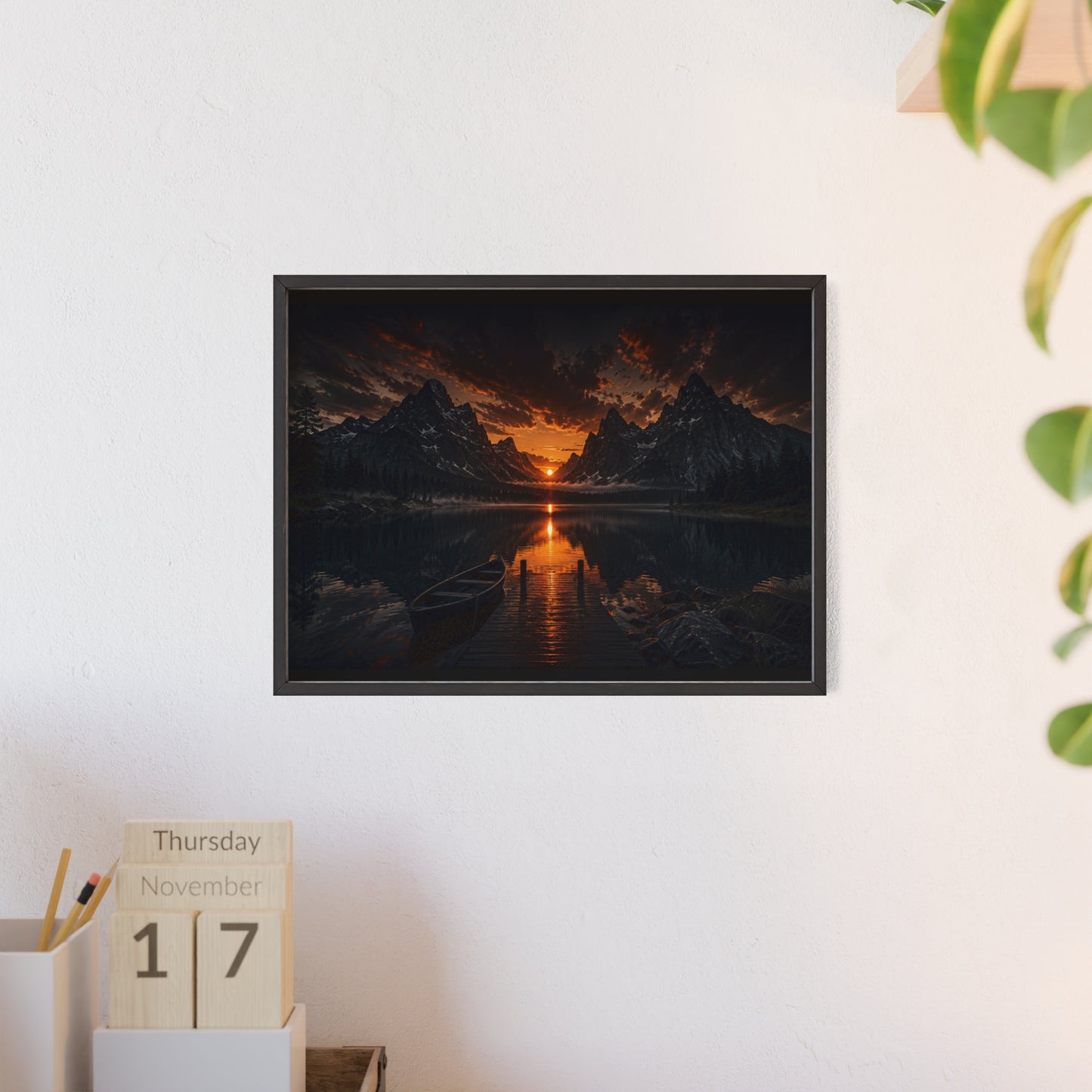 Framed Sunset Lake Poster — Mountain Reflection Wall Art