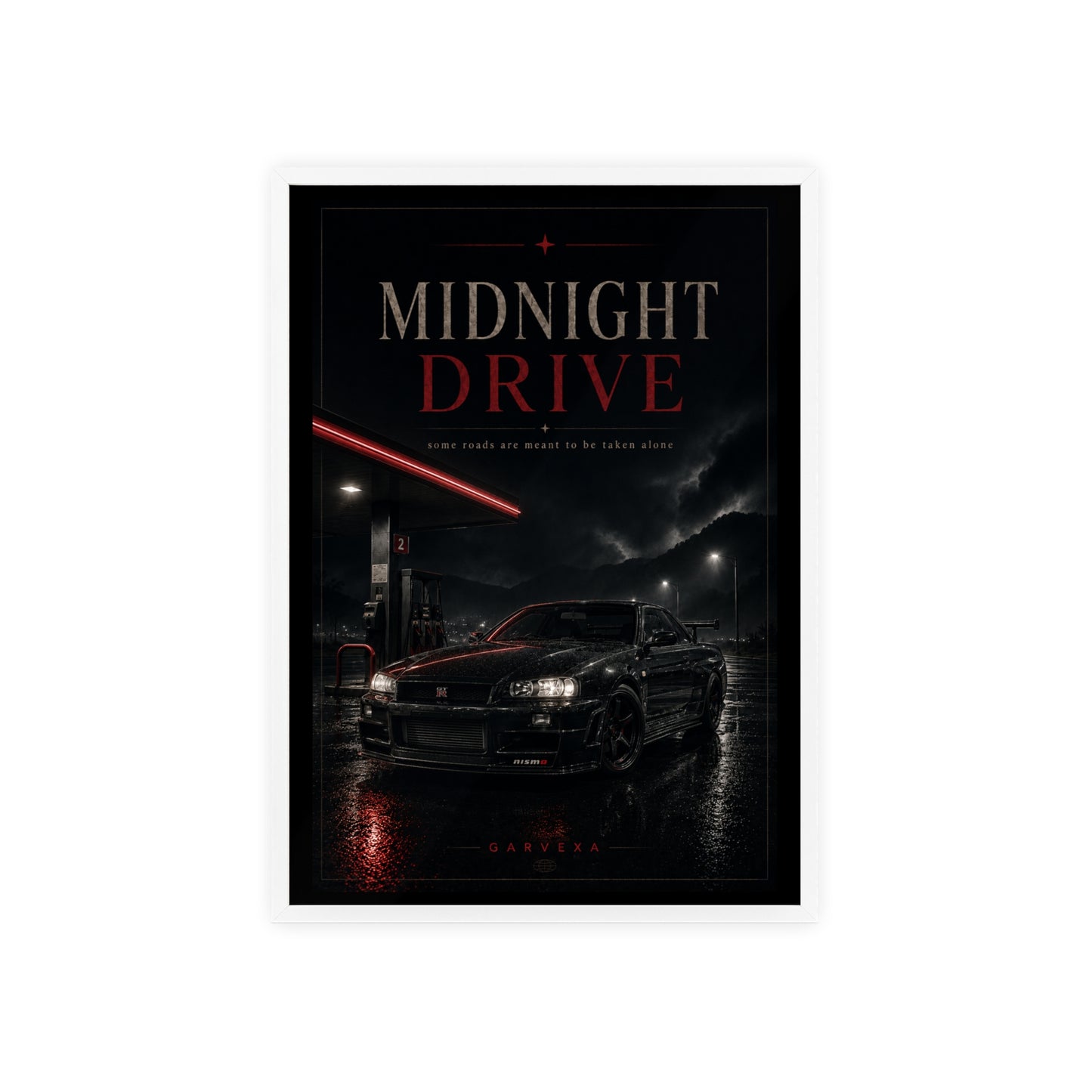 Midnight Drive Framed Poster — Moody Car Wall Art (Pinewood Frame)