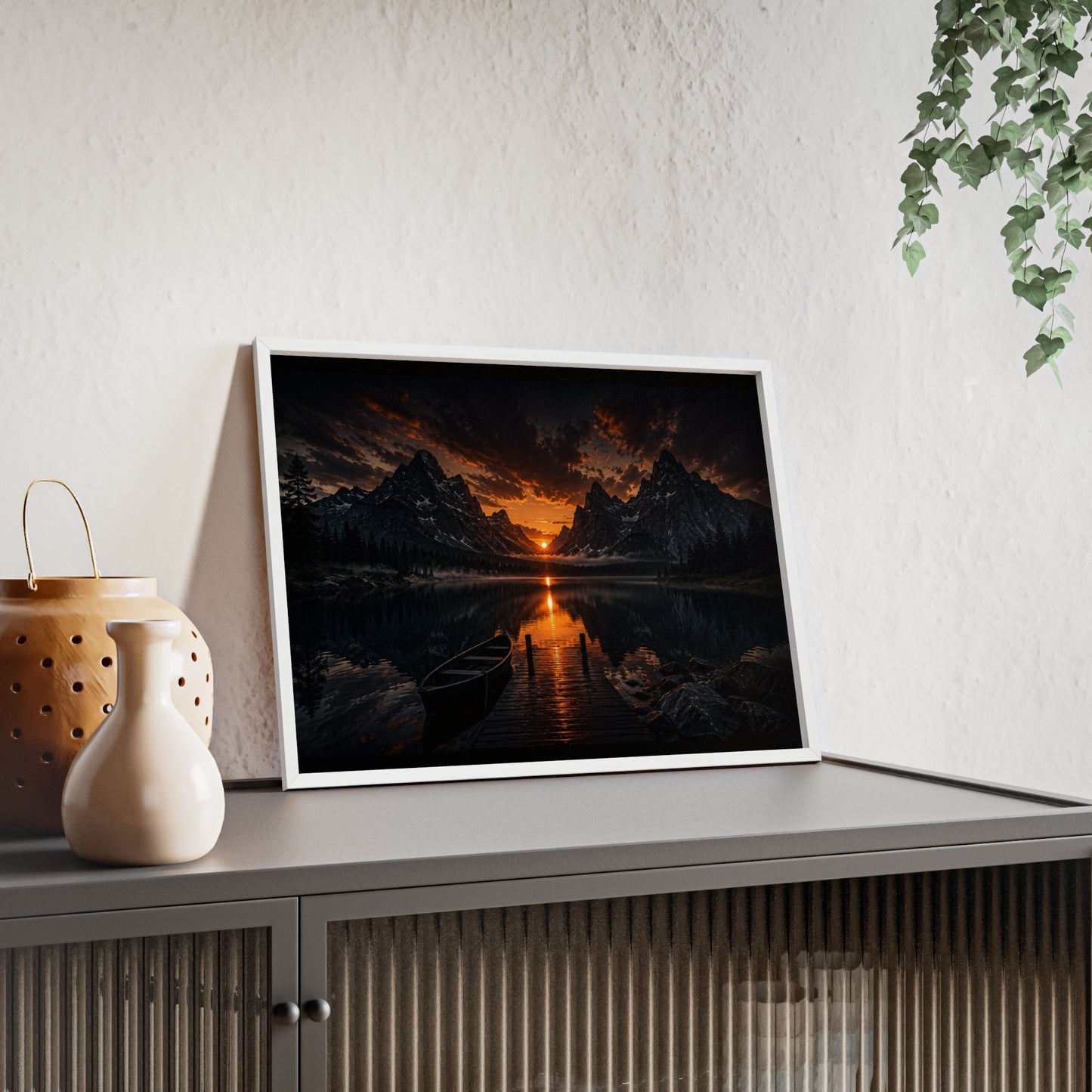 Framed Sunset Lake Poster — Mountain Reflection Wall Art